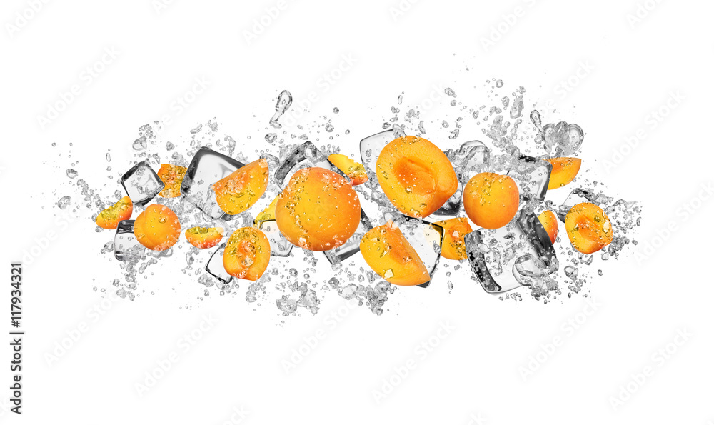 Apricots in water splash on white background - obrazy, fototapety, plakaty 