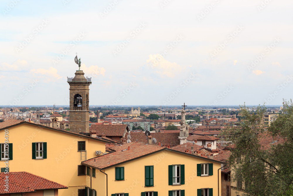 Bergamo cityscape panorama seen from Citta Alta, Italy