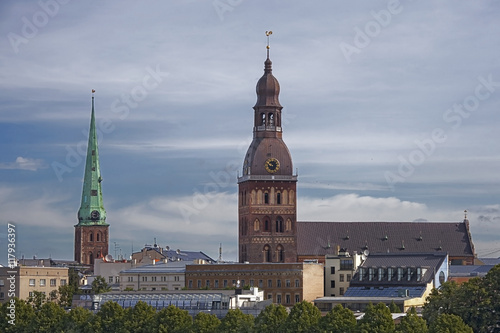 View on the towers of Riga Cathedral, St Peters Church and the E