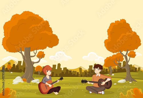 Cartoon teenagers playing guitar on beautiful park. Nature landscape.
