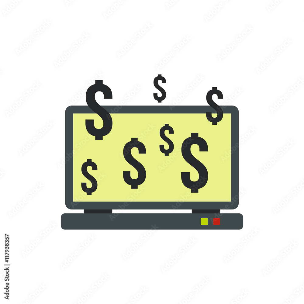 Money online on computer icon in flat style isolated on white background. E-earnings symbol Money online on computer icon in flat style isolated on white background. E-earnings symbol