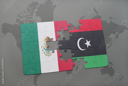 puzzle with the national flag of mexico and libya on a world map background.