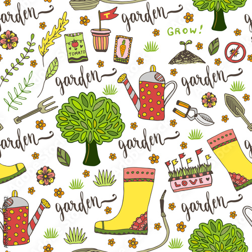 Garden pattern with seed packets, tools, tree and watering can. Vector seamless pattern of gardening tools