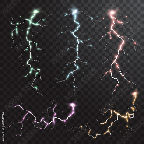 Thunderstorm realistic elements with colored flashes of lightnings sparks on black half transparent background isolated vector illustration photo