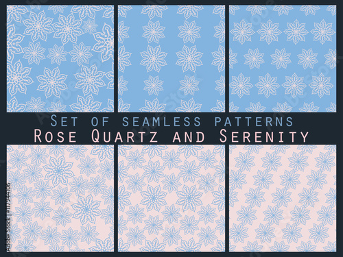 Floral seamless pattern set. Rose quartz and serenity violet colors. For wallpaper, bed linen, tiles, fabrics, backgrounds. Vector illustration.