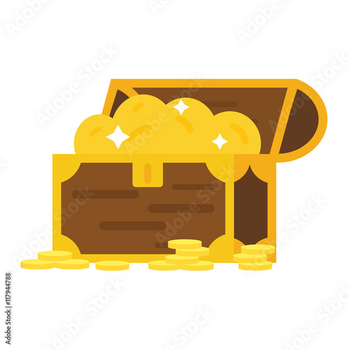 Vintage wooden treasure chest with golden coin vector illustration. Treasure chest isolated on white. Treasure chest box gold old isolated box and wealth antique, open money treasure chest.