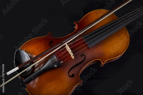 Close up High Angle View Of Violin And Bow 