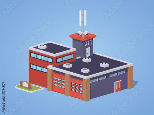 Fire station against the blue background. 3D lowpoly isometric vector illustration