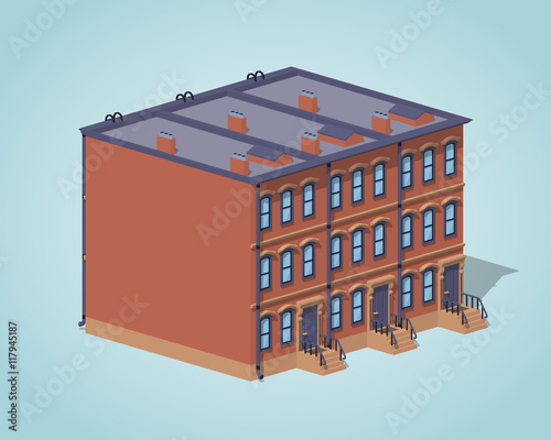 Brownstone town house against the blue background. 3D lowpoly isometric vector illustration