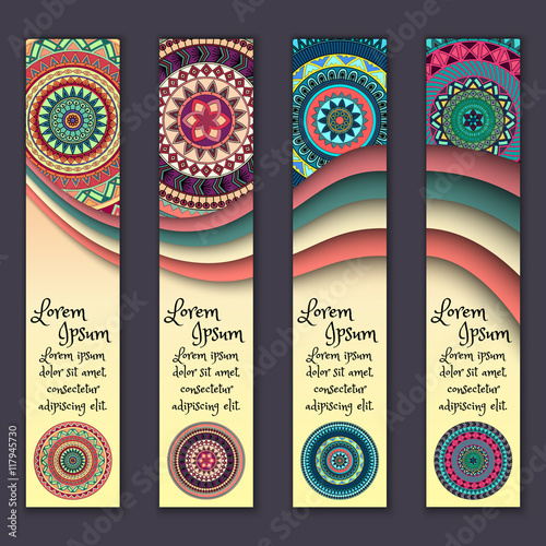Colorful ornamental ethnic banner set. Templates with wavy elements and tribal mandala.