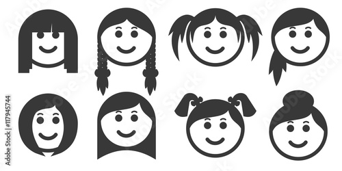 Set of outline woman hair style emoticons, emoji isolated on white background, women with smileys on happy faces, vector illustration