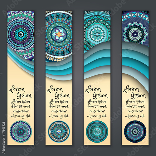 Colorful ornamental ethnic banner set. Templates with wavy elements and tribal mandala.