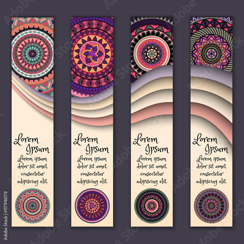 Colorful ornamental ethnic banner set. Templates with wavy elements and tribal mandala.