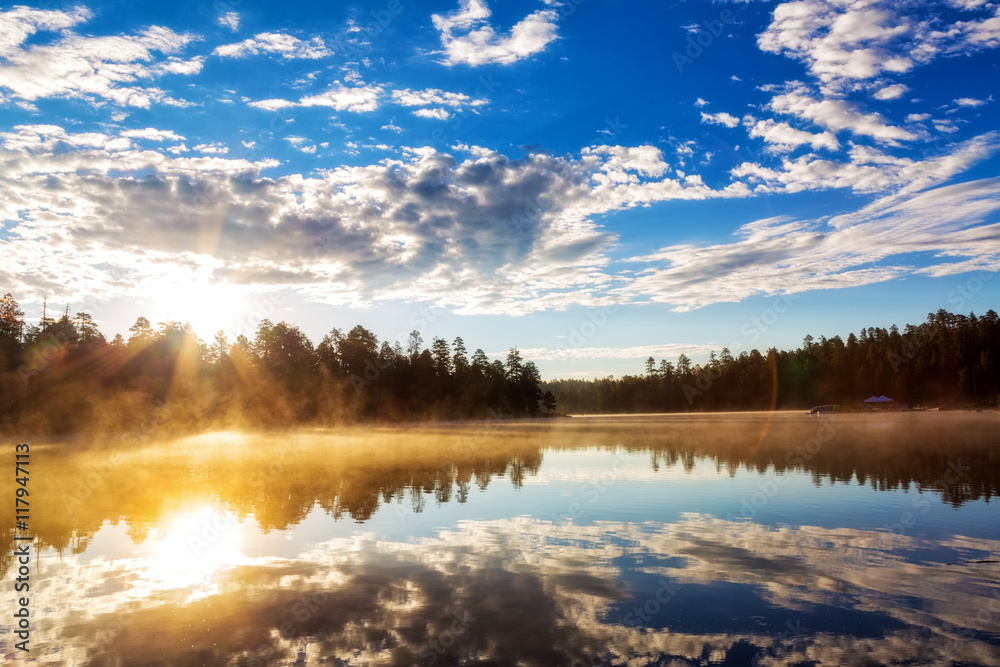 Fototapeta premium Sunrise Over Misty Lake in Payson Arizona