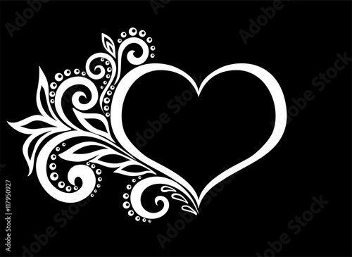 beautiful monochrome black and white silhouette of the heart of lace flowers, tendrils and leaves isolated.