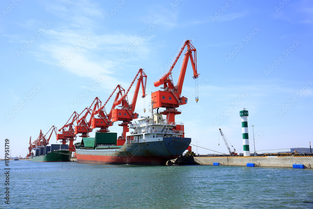 In freight terminal, gantry crane and cargo ships are in loading