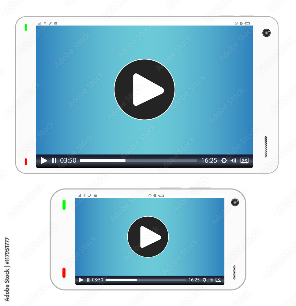 smartphone and tablet with media playing on a screen smartphone and tablet with media playing on a screen