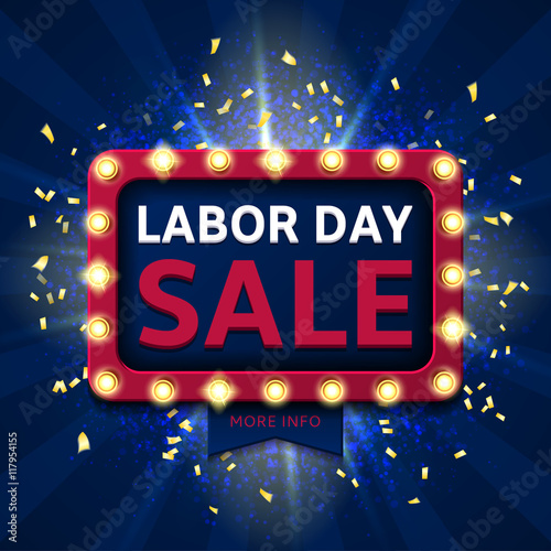 Retro backdrop for labor day sale. Banner with glowing lamps. Vector illustration with shining lights in vintage style. Background of blue dust explosion for seasonal sale. photo