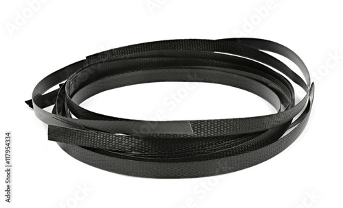 Black plastic strapping isolated on white
