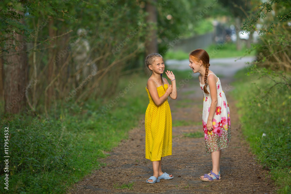 Two little girls having fun discussing standing in a Park. Two little girls having fun discussing standing in a Park.