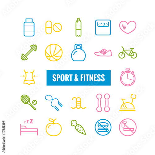Set of sport and fitness outline icons. Linear icons for web, mobile apps