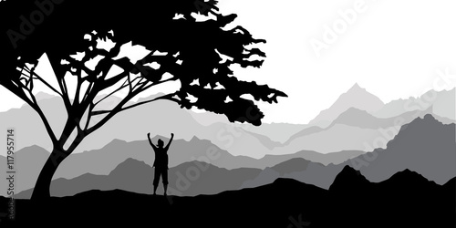 Silhouette of the tourist, climber of the girl