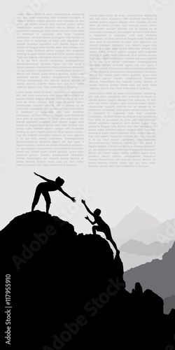 Silhouette of man hand up on the top mountain