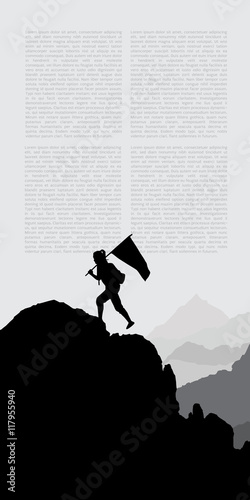 Silhouette of man hand up on the top mountain