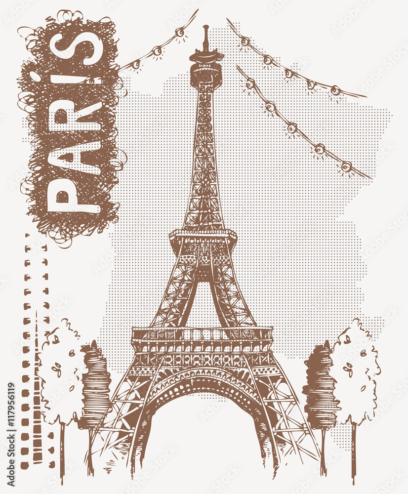Szkic wieży Eiffla w Paryżu, Francja. Wektorowa ilustracja w rocznika  stylu. Projekt koszulki z rysunkiem wieży Eiffla i tekstem Paryż.  #117956119 - Do sypialni - Obrazy na płótnie | ecowall24.pl