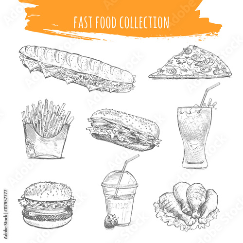 Fast food snacks and desserts sketch icons