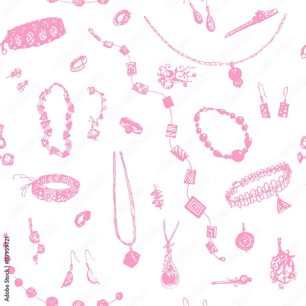 Hand drawn doodle jewelry, bijou seamless pattern. Pink objects, white background. Design illusrtration for poster, flyer.