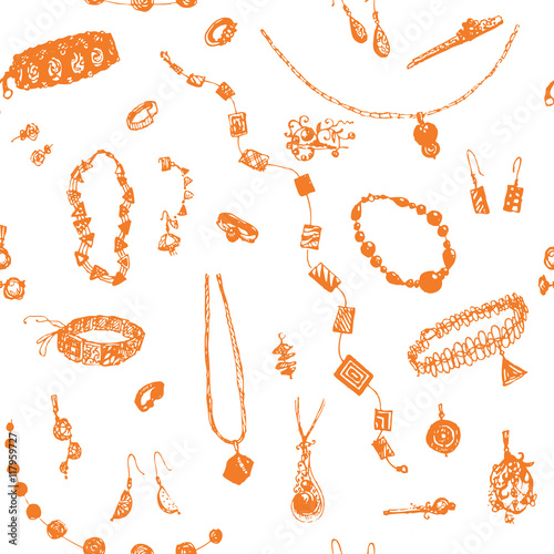 Hand drawn doodle jewelry, bijou seamless pattern. Orange objects, white background. Design illusrtration for poster, flyer.