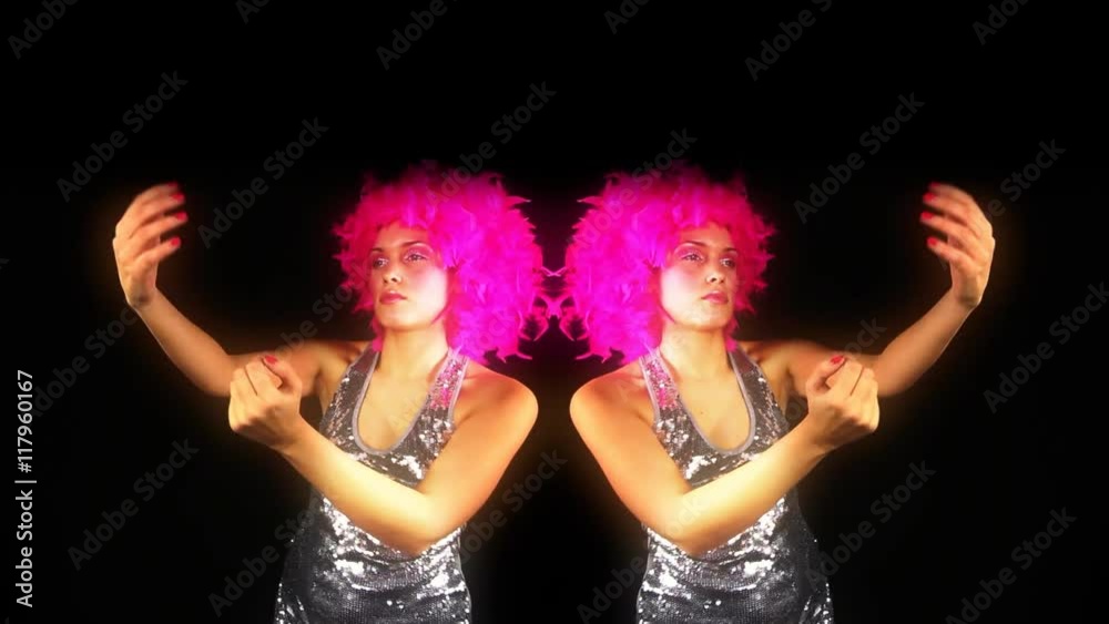 woman dances with pink crazy hairstyle woman dances with pink crazy hairstyle
