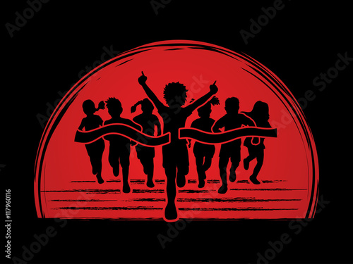 Winner Running, Group of Children Running, designed on sunset background graphic vector.