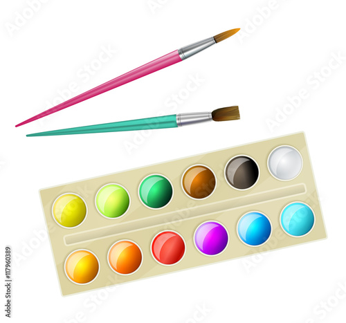 watercolor paintbox and brushes for children. vector 