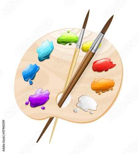 art palette with brushes on white. painting tools symbol. vector