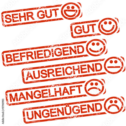 six red stamps with smilies and ratings