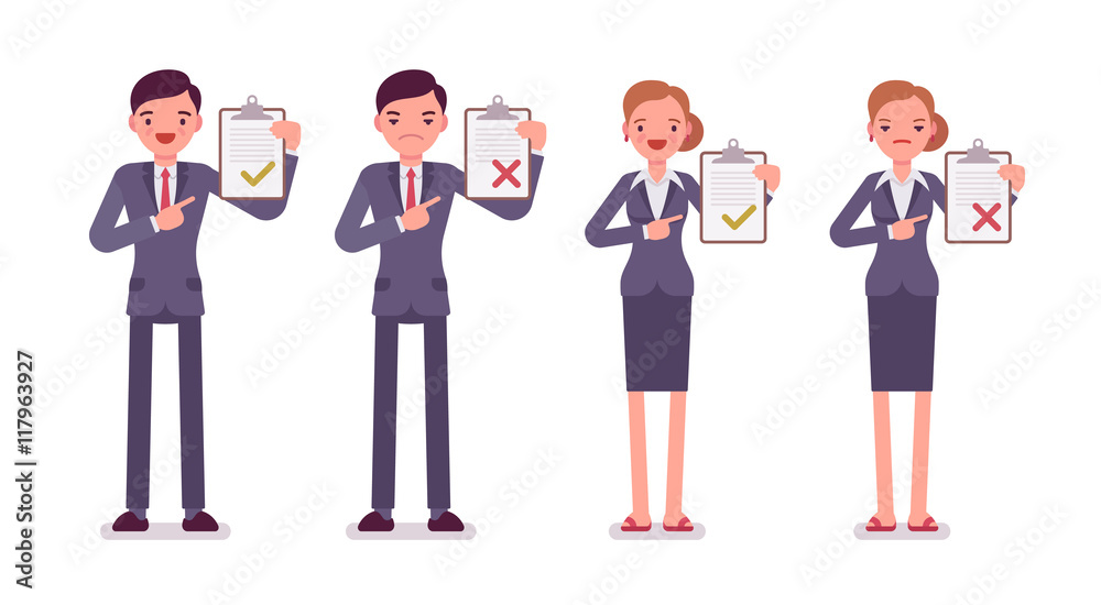 Office workers with clipboards. Men and women in a formal wear. The set of characters isolated against the white background. Cartoon vector flat-style business concept illustration Office workers with clipboards. Men and women in a formal wear. The set of characters isolated against the white background. Cartoon vector flat-style business concept illustration