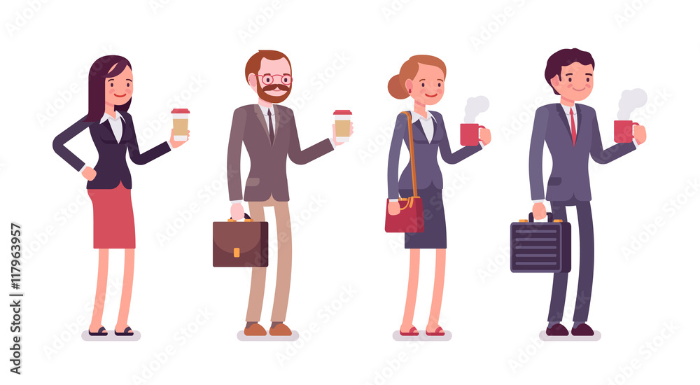 Obraz premium Office workers with coffee. Men and women in a formal wear. The set of characters isolated against the white background. Cartoon vector flat-style business concept illustration