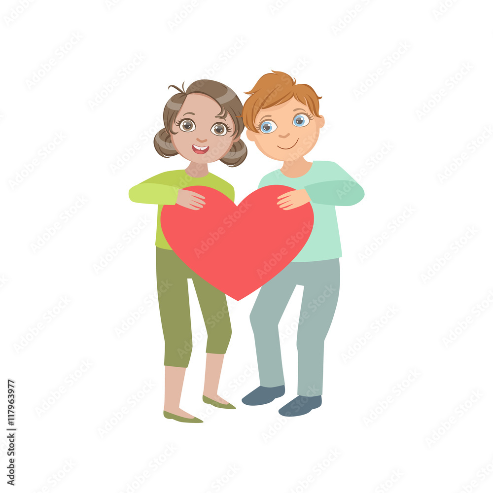 Two Kids In Love Holding Giant Heart Two Kids In Love Holding Giant Heart