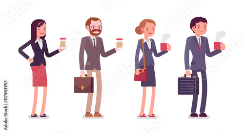 Office workers with coffee. Men and women in a formal wear. The set of characters isolated against the white background. Cartoon vector flat-style business concept illustration