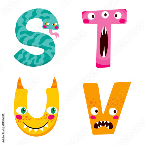 Funny Halloween alphabet with cute s t u v monster characters