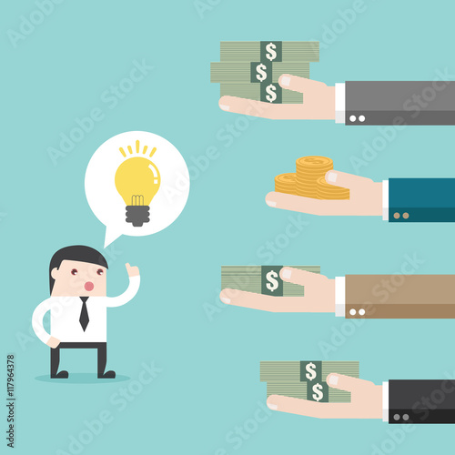 Multiple hands offering money for IDEA. Flat design business financial marketing commercial banking advertisment web minimal concept cartoon illustration.