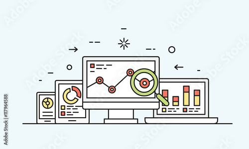 Vector concept of website analytics search information and computing data analysis using electronic and mobile devices. Isolated on blue background