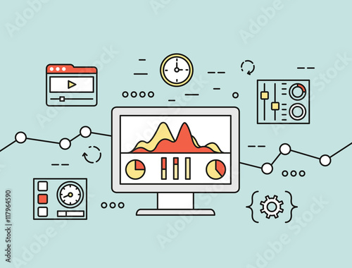 Vector concept of website analytics search information and computing data analysis using mobile devices, applications and special programs. Isolated on green background