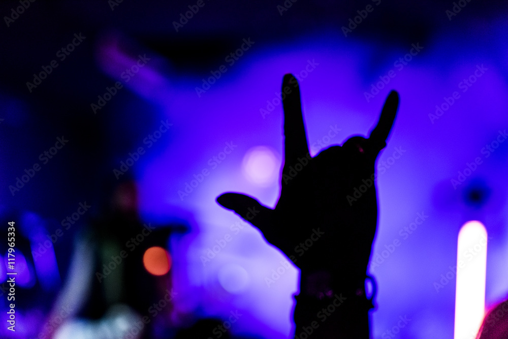 Soft focus, blurred motion in a live concert in a small club. public with their hands raised. Rock and roll hand sign Soft focus, blurred motion in a live concert in a small club. public with their hands raised. Rock and roll hand sign