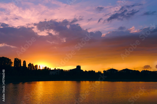 Sunset at golden hour near near a lake