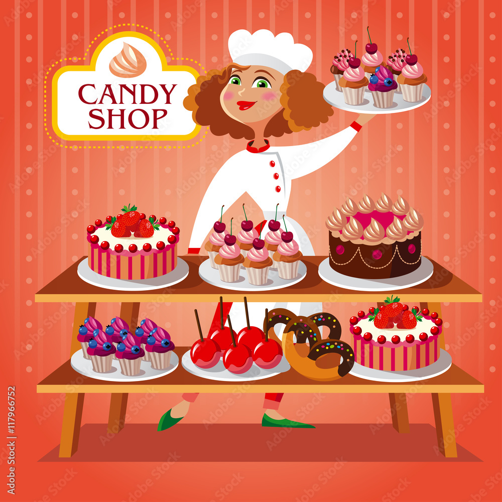vector illustration in cartoon style. confectioner girl in the pastry shop.  cakes on the table. Stock Vector | Adobe Stock