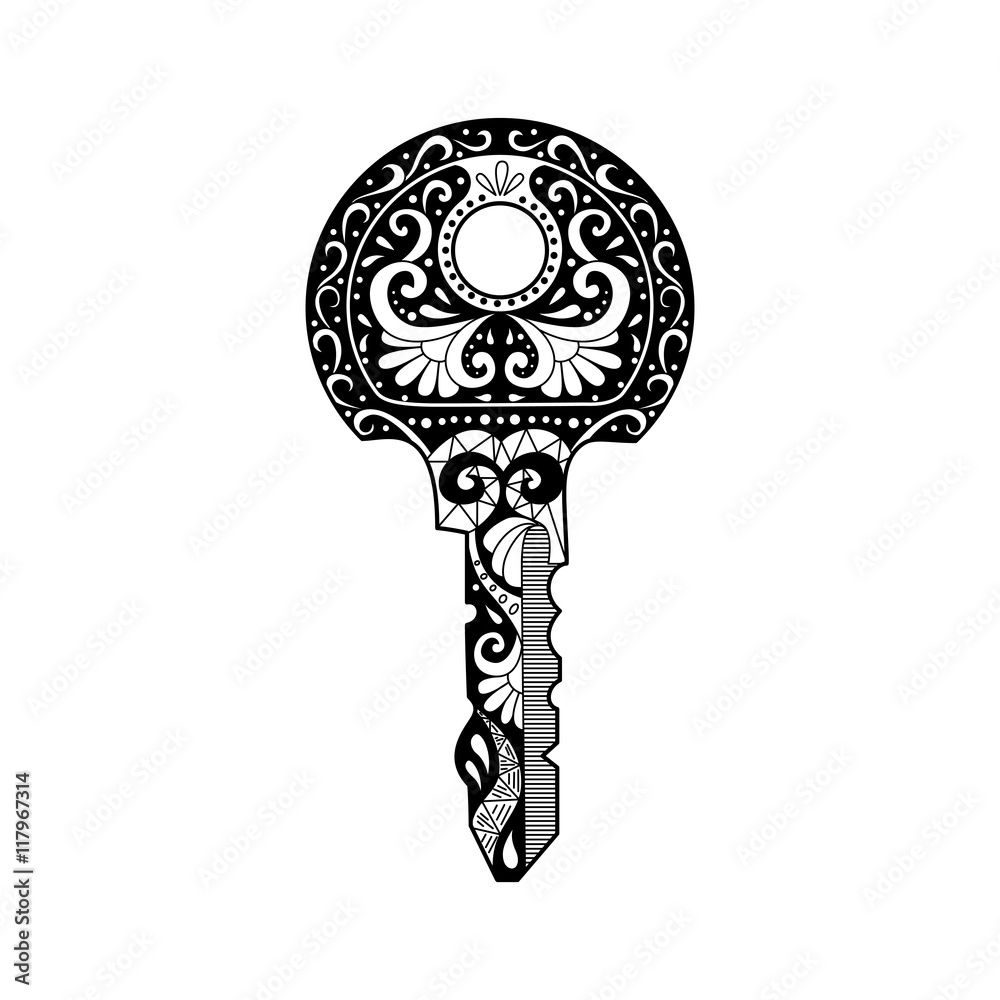 Vector illustration hand drawn key with ornament. Vector illustration hand drawn key with ornament.