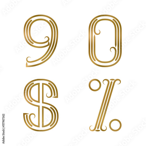 Nine, zero golden numbers, dollar and percent sign. Font of lines with flourishes. Type in art deco style. © PerepadiaY
